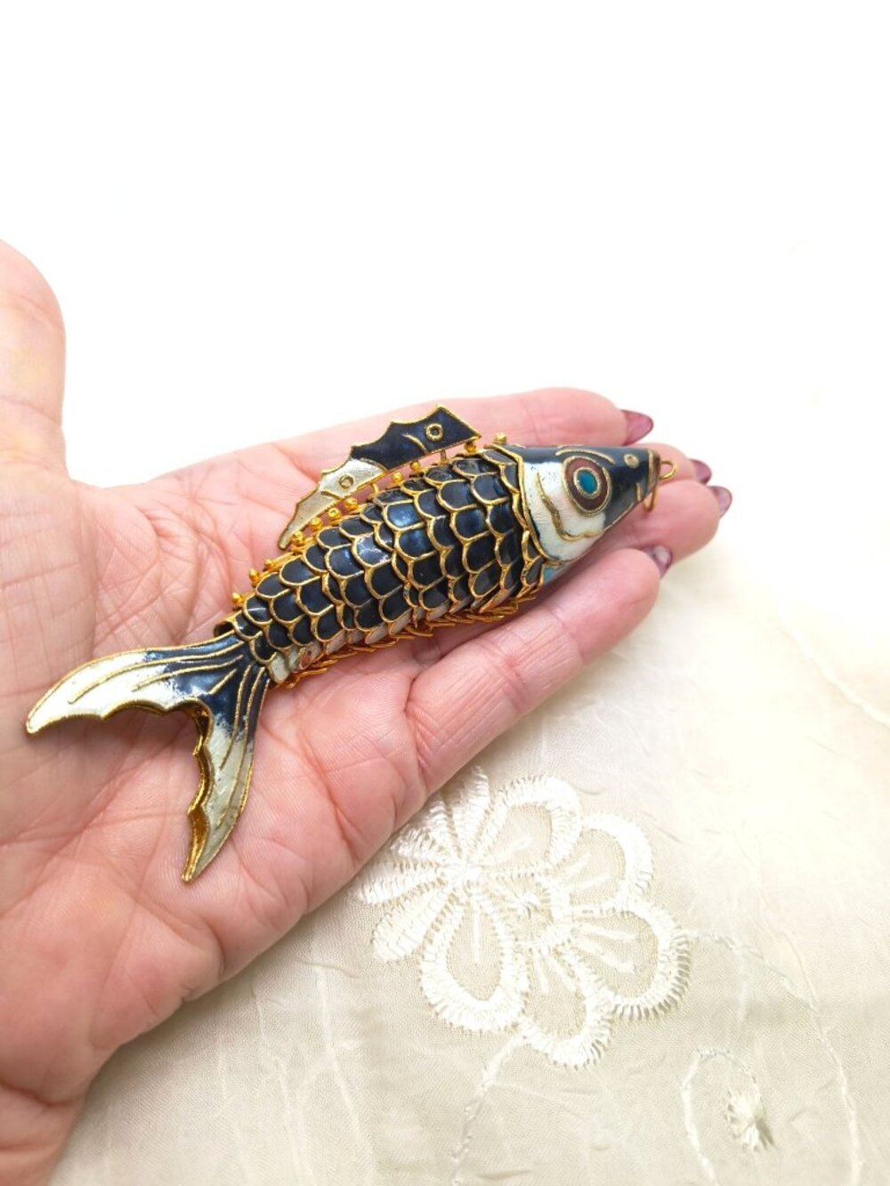 VTG Chinese Gilt Silver & Cloisonne Deep Blue Enamel Fish/Koi Pendant 4.5" LRG - Picture 10 of 11